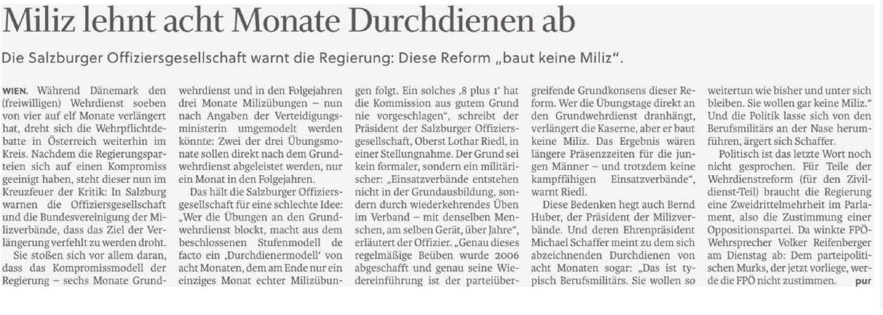 Zeitungsartikel der Salzburger Nachrichten vom 5. August 2026: Miliz lehnt acht Monate Durchdienen ab